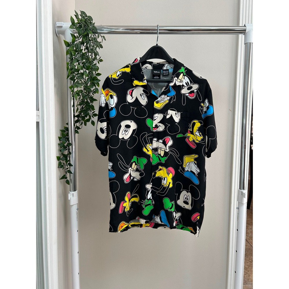 Disney Mickey Mouse Donald Duck Goofy Camp Shirt Black Medium All Over Print